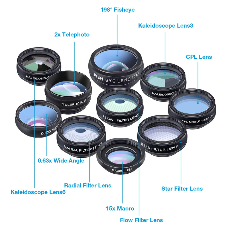 APEXEL 10-in-1 Universal Phone Lens – Fisheye, Wide Angle, Macro, CPL Filter, Kaleidoscope & 2X Zoom