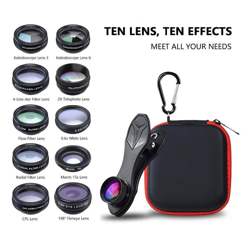 APEXEL 10-in-1 Universal Phone Lens – Fisheye, Wide Angle, Macro, CPL Filter, Kaleidoscope & 2X Zoom