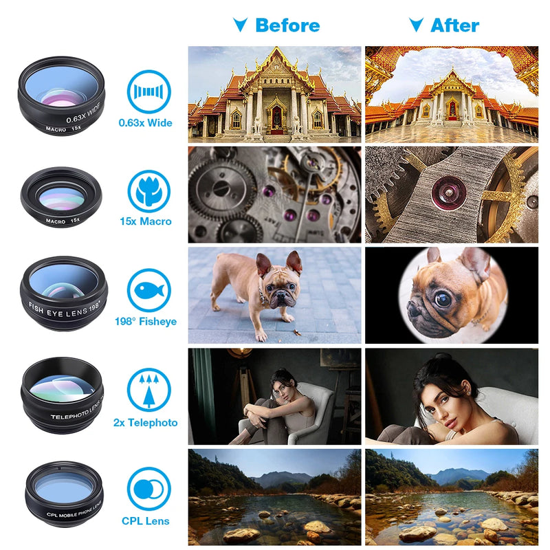 APEXEL 10-in-1 Universal Phone Lens – Fisheye, Wide Angle, Macro, CPL Filter, Kaleidoscope & 2X Zoom