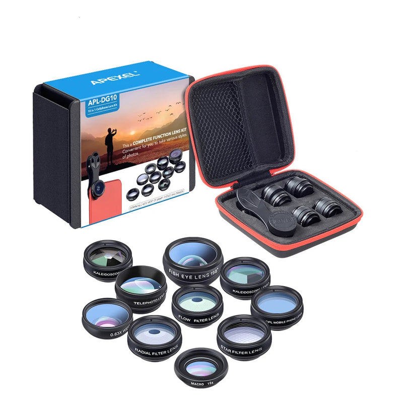 APEXEL 10-in-1 Universal Phone Lens – Fisheye, Wide Angle, Macro, CPL Filter, Kaleidoscope & 2X Zoom