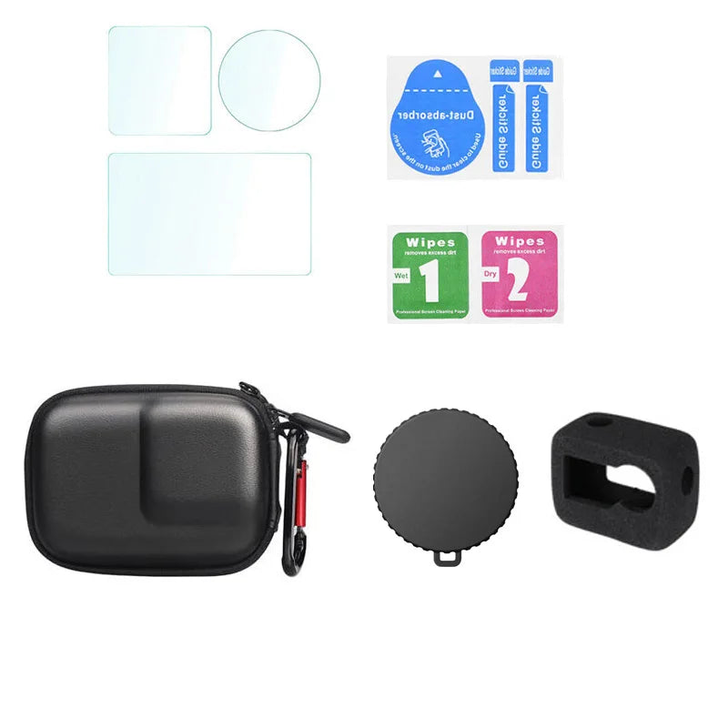 Accessory Kit for DJI Osmo Action 4 – Tempered Glass, Mini Carrying Bag, Lens Cap, Windslayer Foam