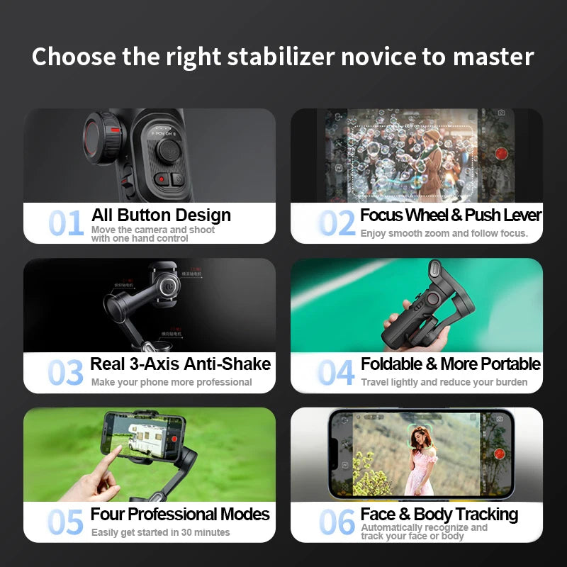 AOCHUAN XE 3-Axis Handheld Gimbal Stabilizer – Smartphone Stabiliser with Light & Face Tracking