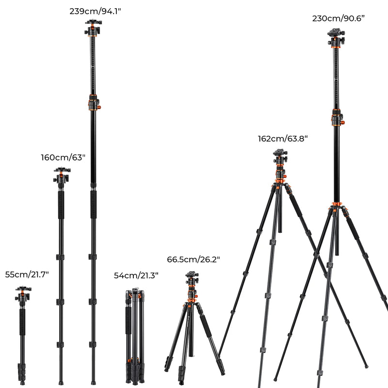 K&F Concept 90" Aluminum Camera Tripod – 2.3m Travel Tripod with Reversible Center & Monopod