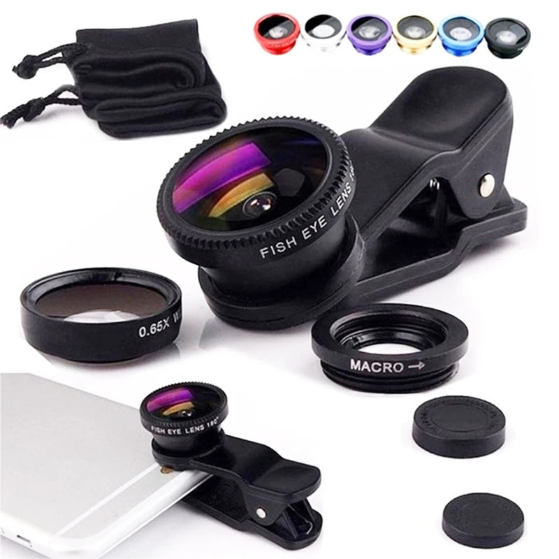 3-in-1 Fisheye, Wide-Angle & Macro Lens for iPhone, Xiaomi, Samsung – Clip-On Smartphone Camera Lens