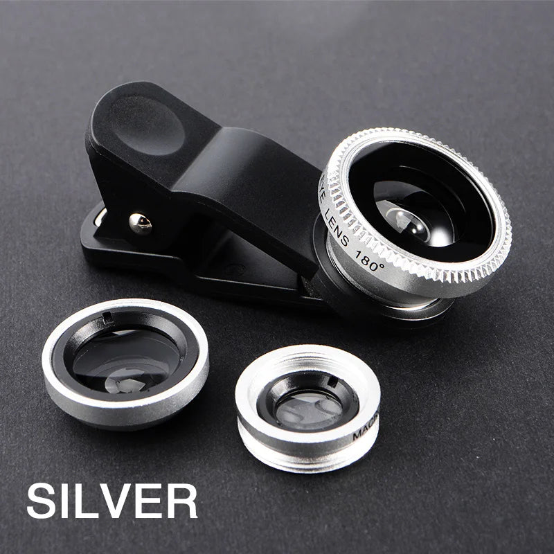 3-in-1 Fisheye, Wide-Angle & Macro Lens for iPhone, Xiaomi, Samsung – Clip-On Smartphone Camera Lens