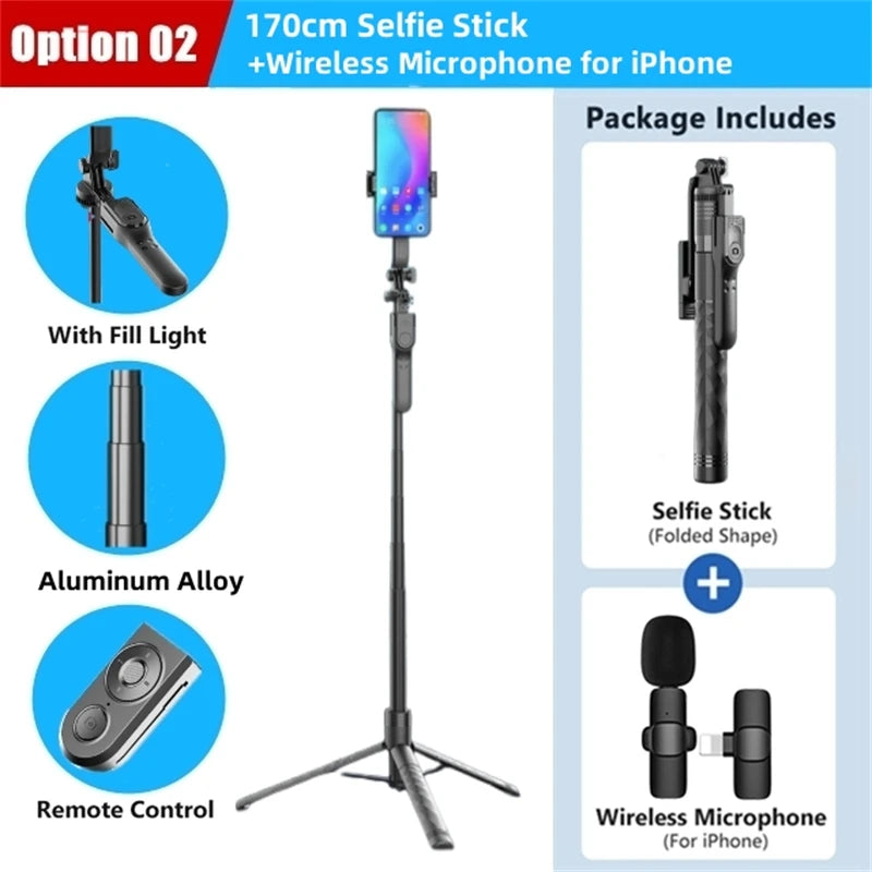 1750mm Bluetooth Selfie Stick Tripod with LED Light and Foldable Design for Smartphones Steady