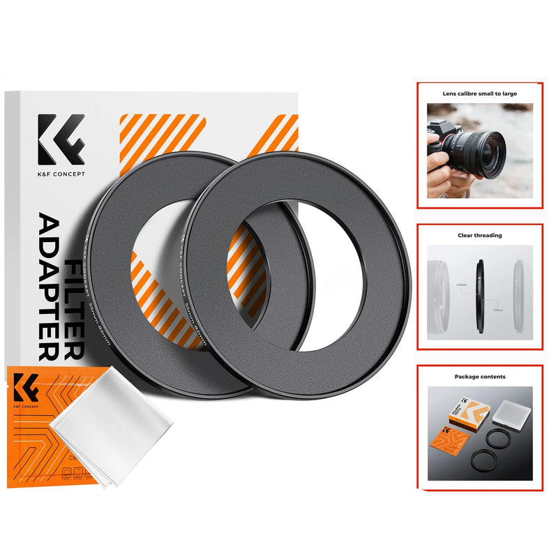 K&F Concept Step-Up Ring – Aviation-Grade Aluminum Filter Adapter Ring with Cleaning Cloth (2-Pack)