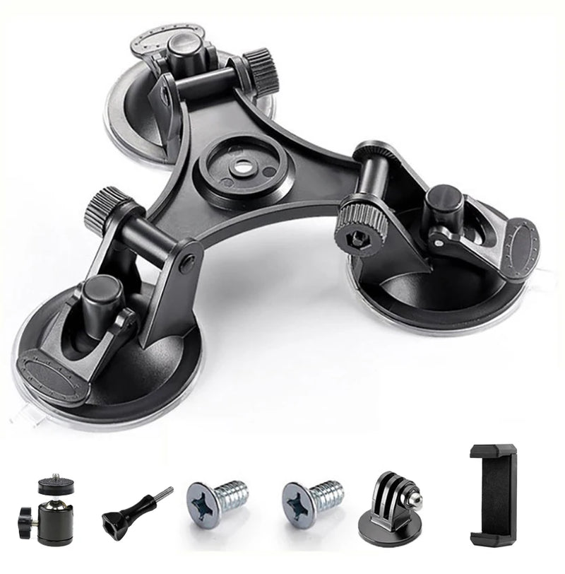 Triple Suction Cup Mount for DJI Osmo Action 4 3, GoPro 13-7, Insta360 X4 X3 X2 – 1/4" Adapter