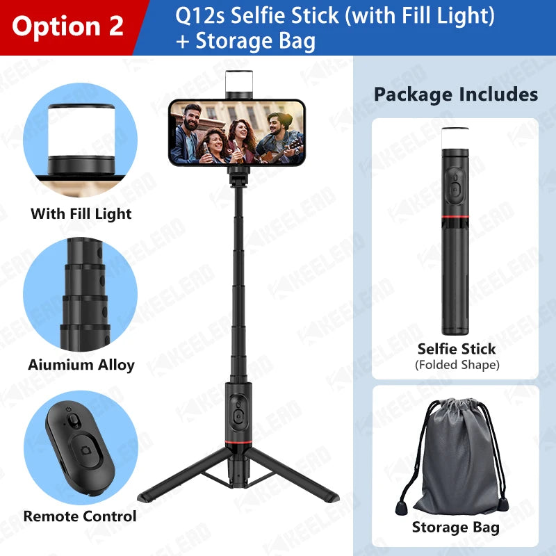 KEELEAD Q12S Wireless Bluetooth Selfie Stick Tripod with Fill Light for iPhone, Android, Huawei