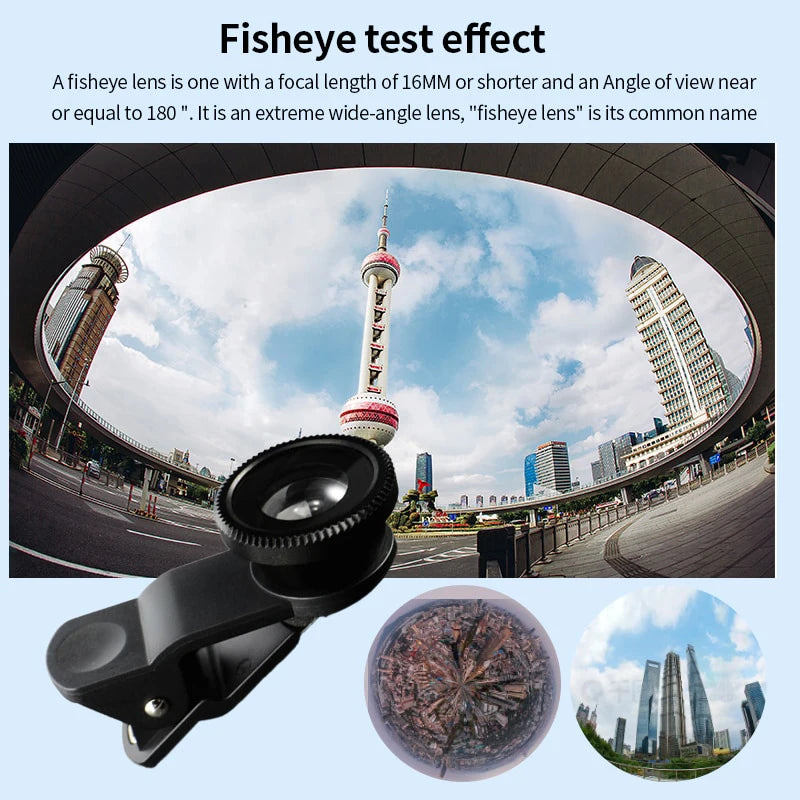 3-in-1 Fisheye, Wide-Angle & Macro Lens for iPhone, Xiaomi, Samsung – Clip-On Smartphone Camera Lens