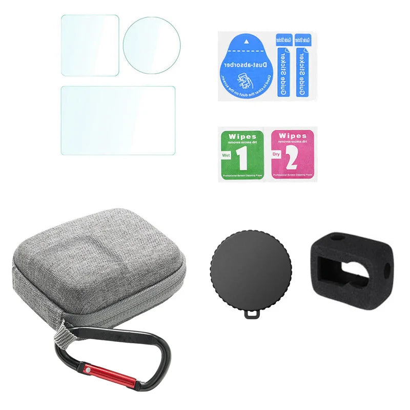 Accessory Kit for DJI Osmo Action 4 – Tempered Glass, Mini Carrying Bag, Lens Cap, Windslayer Foam