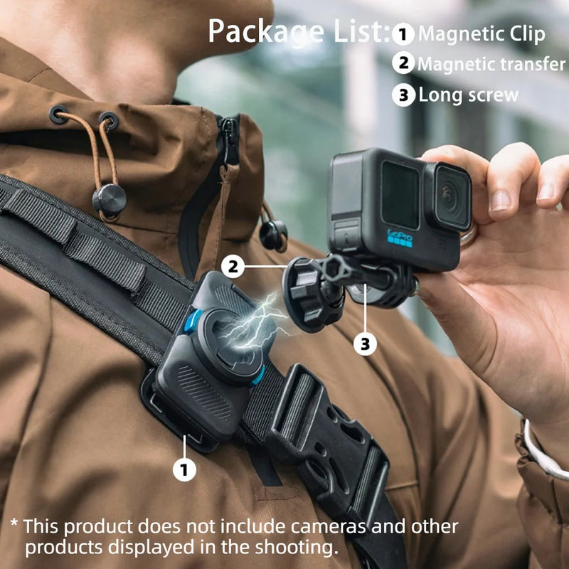 360° Magnetic Backpack Clip for GoPro, DJI, Insta360 – Quick Release Mount for Action Cameras