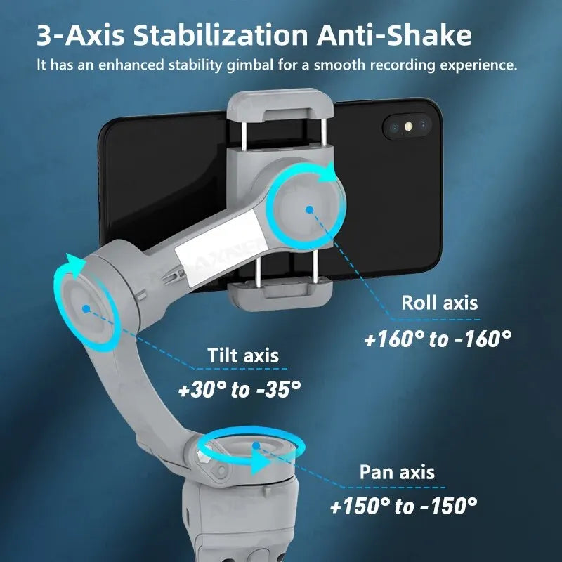 AXNEN HQ6 3-Axis Gimbal Stabiliser for iPhone & Android – Face Tracking, Fill Light, Video Recording