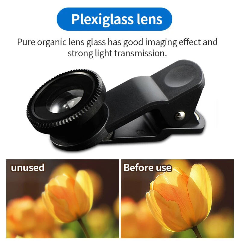 3-in-1 Fisheye, Wide-Angle & Macro Lens for iPhone, Xiaomi, Samsung – Clip-On Smartphone Camera Lens