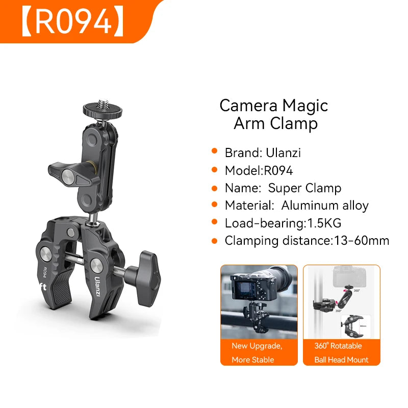 Ulanzi R094 Magic Arm Clamp – Adjustable 1/4'' 3/8'' Screw Mount for DSLR Camera, LCD Monitor