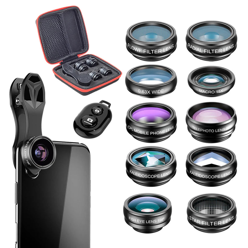 APEXEL 10-in-1 Universal Phone Lens – Fisheye, Wide Angle, Macro, CPL Filter, Kaleidoscope & 2X Zoom