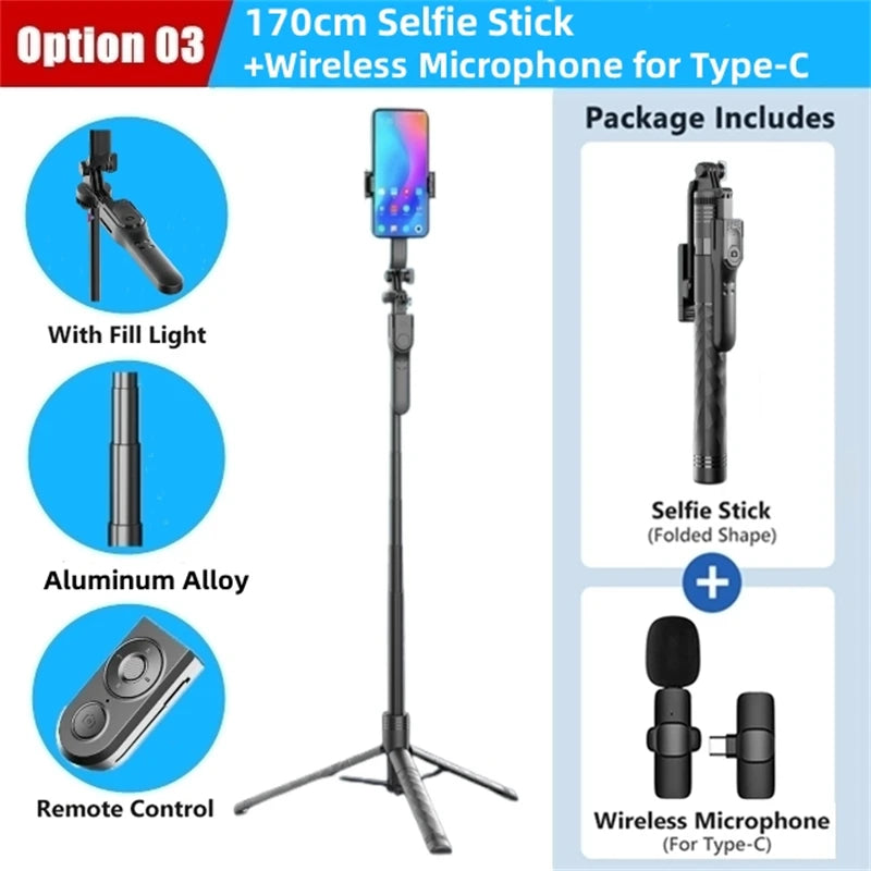 1750mm Bluetooth Selfie Stick Tripod with LED Light and Foldable Design for Smartphones Steady