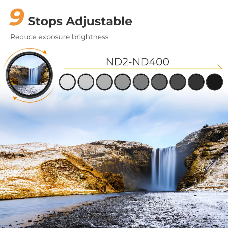 K&F Concept Variable ND2-ND400 Filter – 9-Stop Neutral Density Lens Filter, B Series (37mm-82mm)