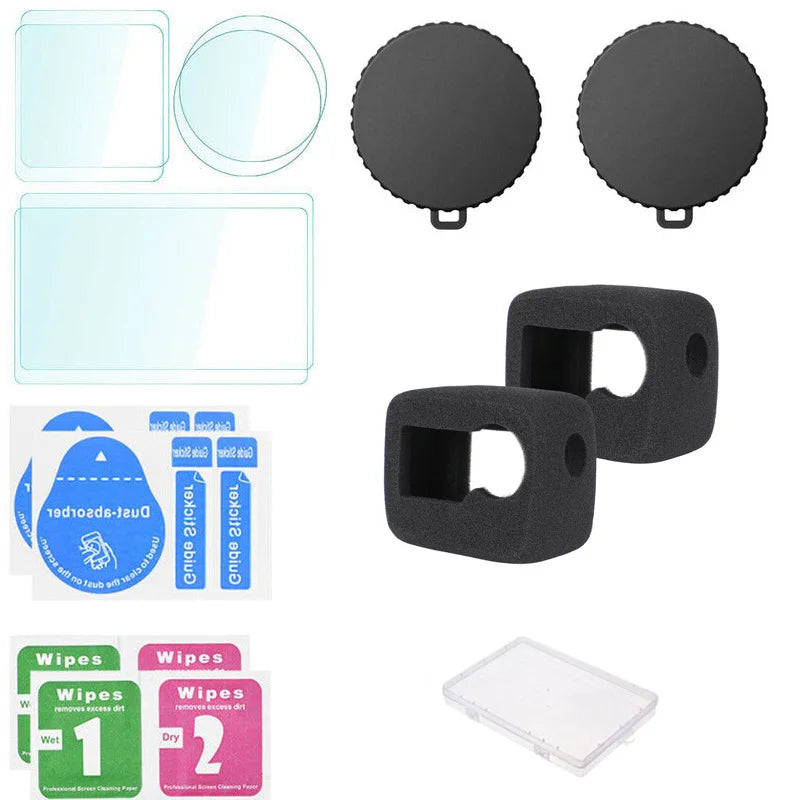 Accessory Kit for DJI Osmo Action 4 – Tempered Glass, Mini Carrying Bag, Lens Cap, Windslayer Foam