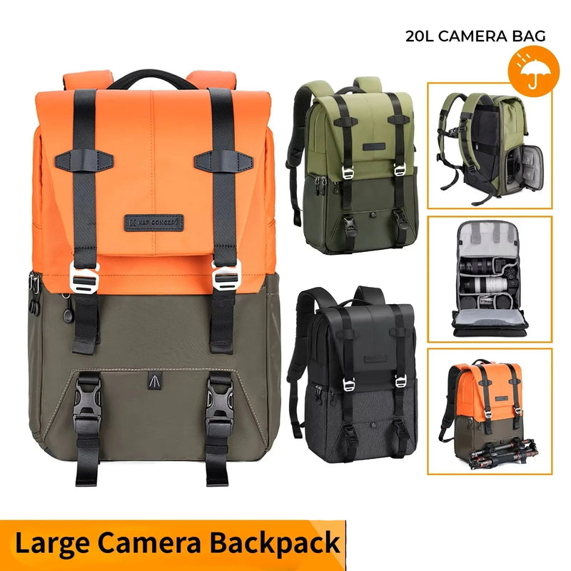 Waterproof Camera Backpack 20L Travel Photography Bag with Tripod Rain Cover for 15.6 Inch Laptop