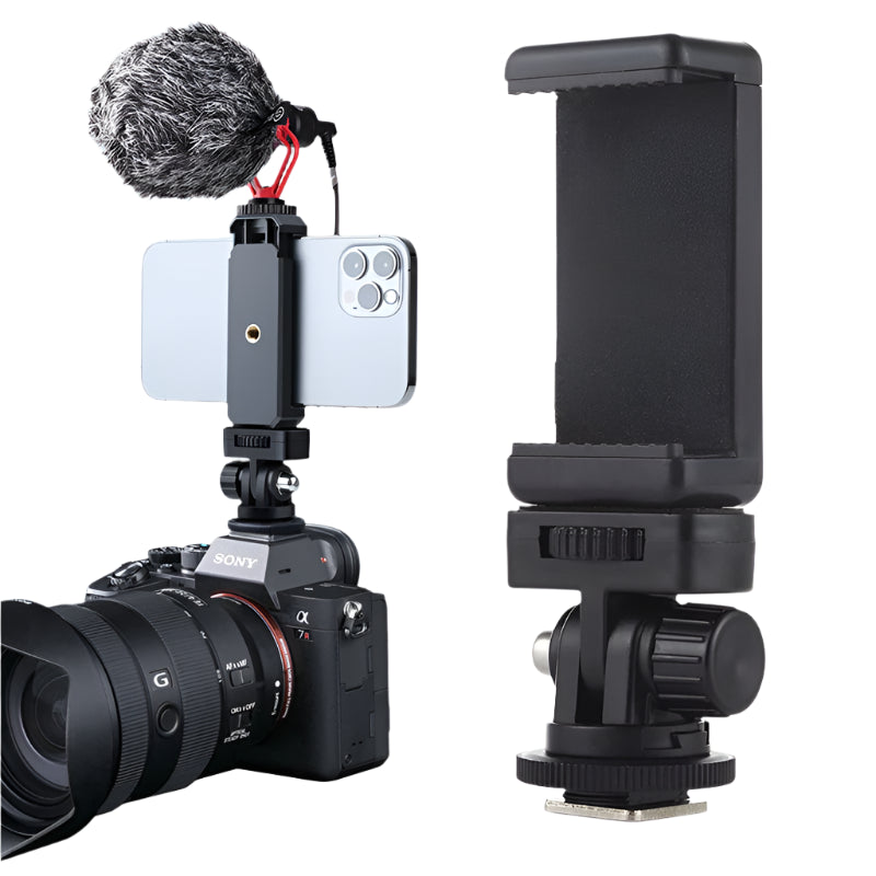 Camera Hot Shoe Phone Holder with Cold Shoe Mount – Tripod Adapter for DSLR & Smartphones