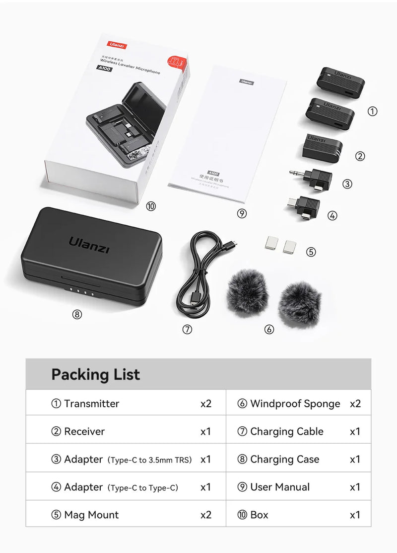 ULANZI A100 Wireless Lavalier Microphone – Real-Time Monitoring for iPhone & Cameras