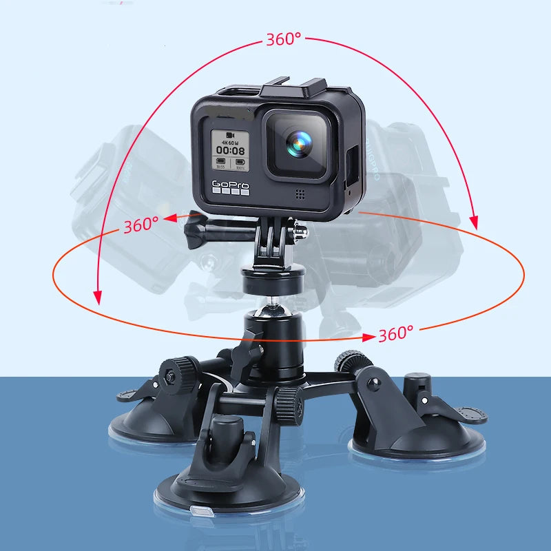 Triple Suction Cup Mount for DJI Osmo Action 4 3, GoPro 13-7, Insta360 X4 X3 X2 – 1/4" Adapter