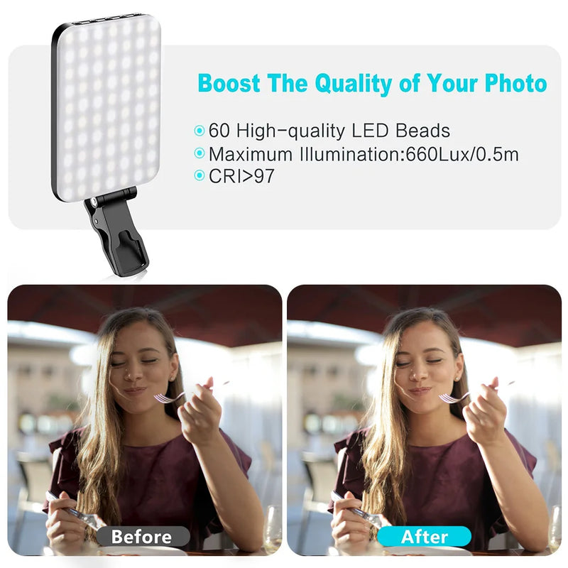 Minifocus 60 LED Rechargeable Selfie Light – 10-Level Brightness, Clip-On for Phone & Laptop