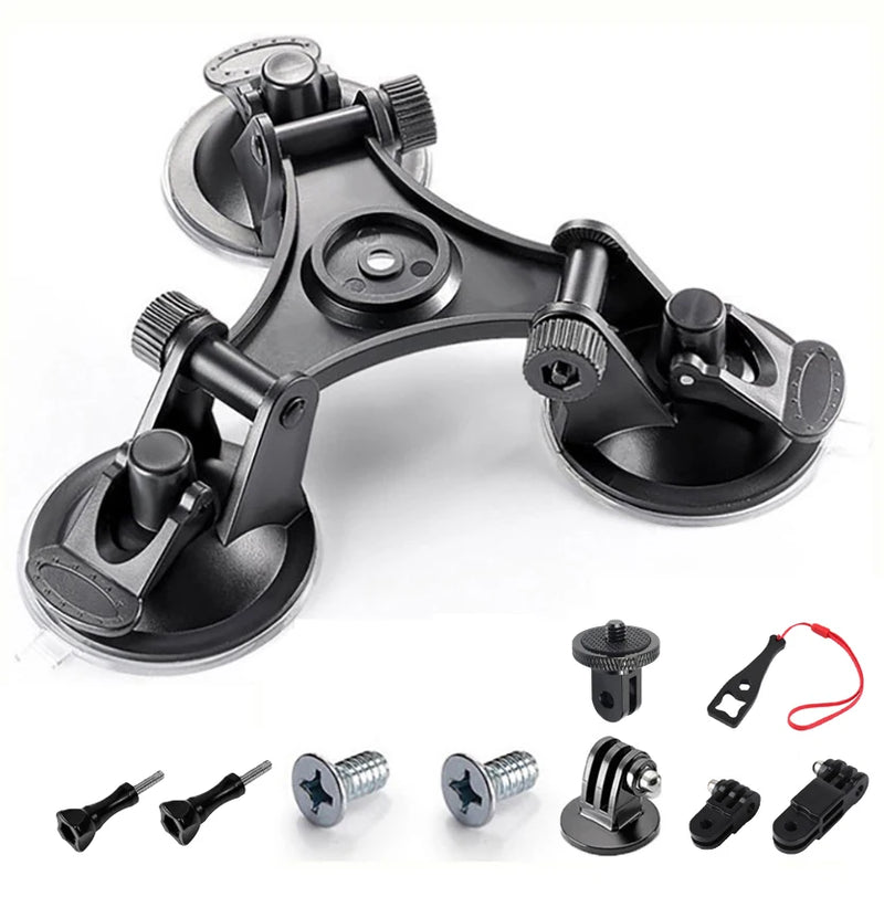 Triple Suction Cup Mount for DJI Osmo Action 4 3, GoPro 13-7, Insta360 X4 X3 X2 – 1/4" Adapter