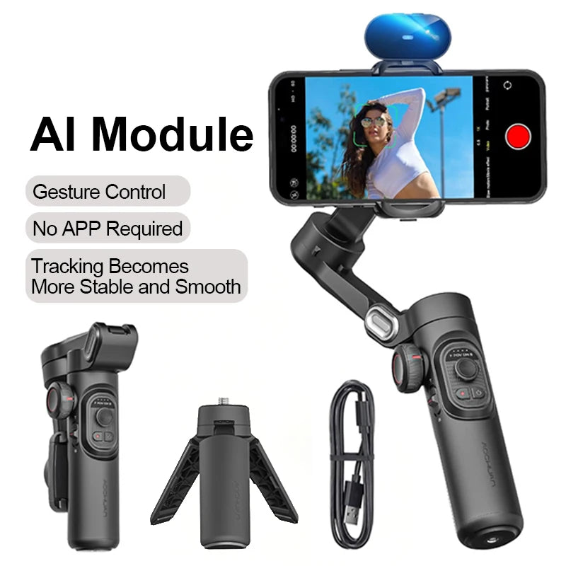 AOCHUAN XE 3-Axis Handheld Gimbal Stabilizer – Smartphone Stabiliser with Light & Face Tracking