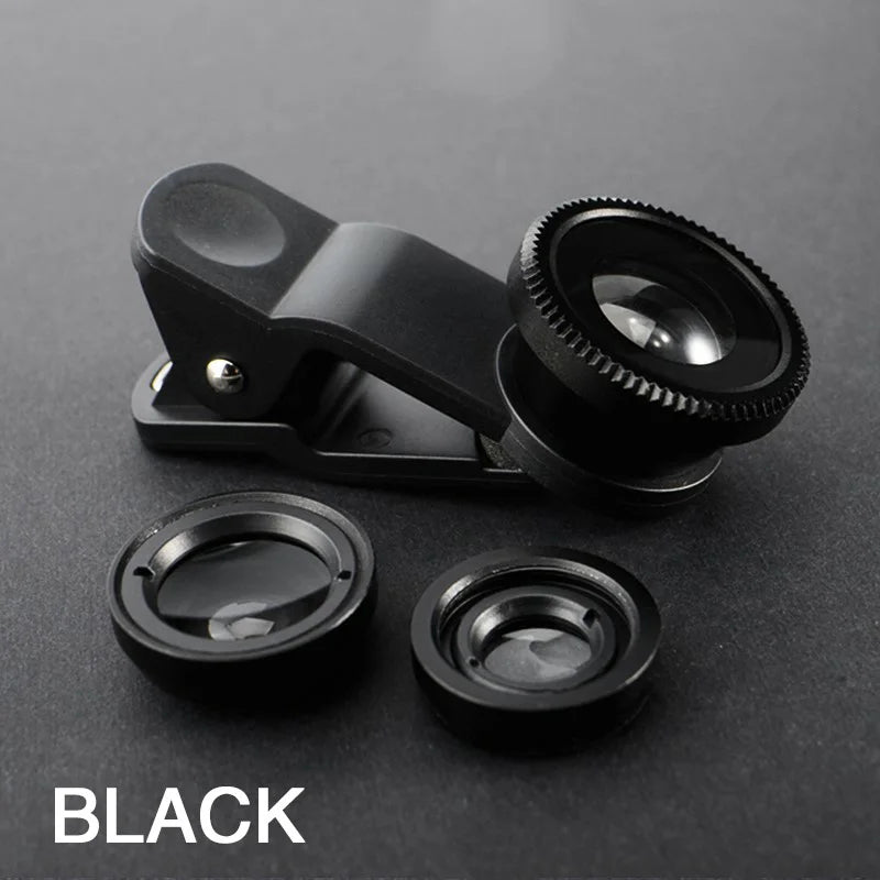 3-in-1 Fisheye, Wide-Angle & Macro Lens for iPhone, Xiaomi, Samsung – Clip-On Smartphone Camera Lens