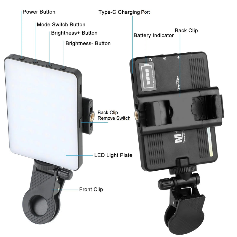 KAMISAFE 72 LED Rechargeable Selfie Light – Front & Back Clip, 3000K-9900K for Phone, Camera, Laptop