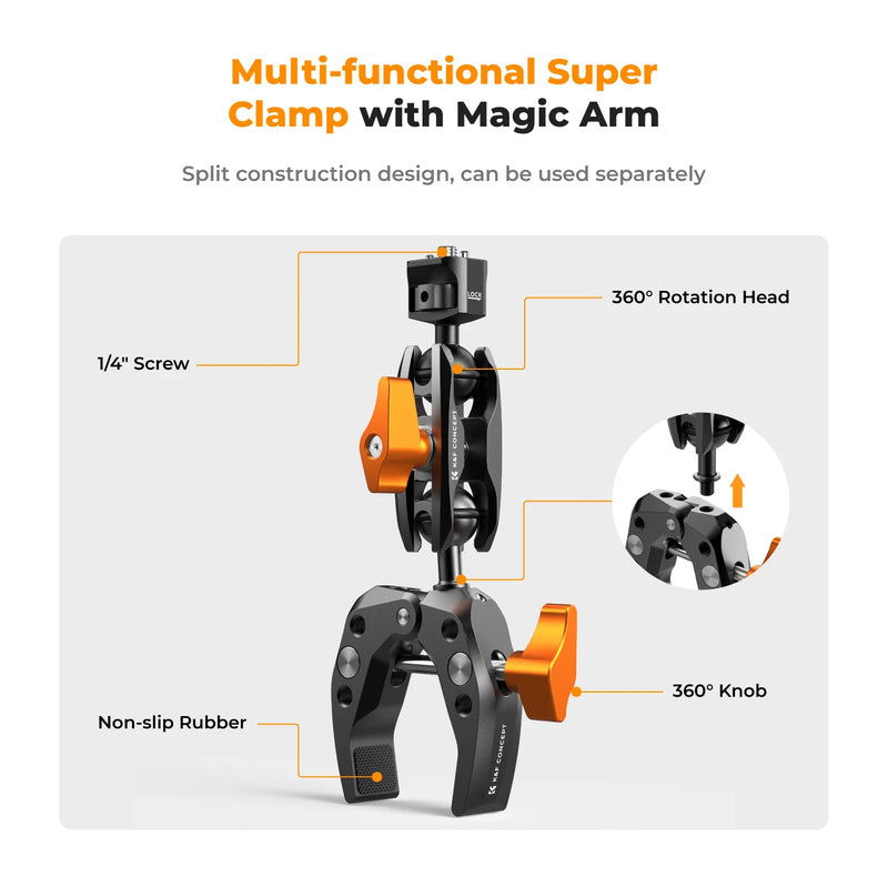 K&F Concept Multi-Functional Super Clamp – 360° Double Ball Magic Arm for GoPro, Insta360, DJI OSMO