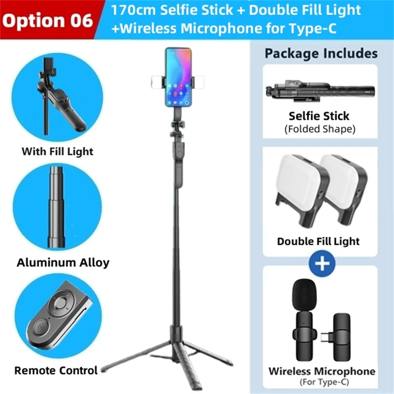 1750mm Bluetooth Selfie Stick Tripod with LED Light and Foldable Design for Smartphones Steady