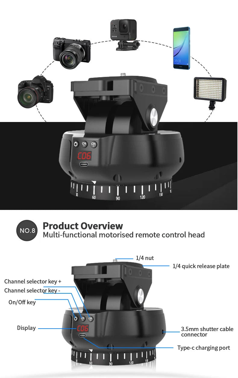 Desiontal YT-1200 Motorized Pan Tilt Tripod Head – Remote 360° Rotation for Phones & Cameras