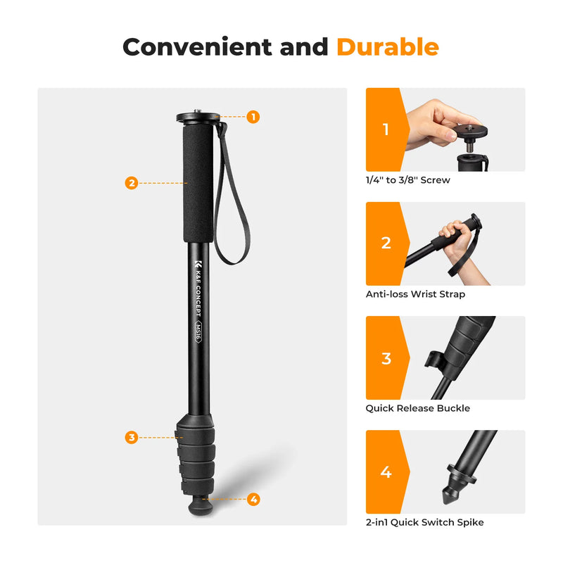 K&F Concept 63'' Aluminum Camera Monopod – 5-Section Portable Stand for Nikon, Canon, Leica