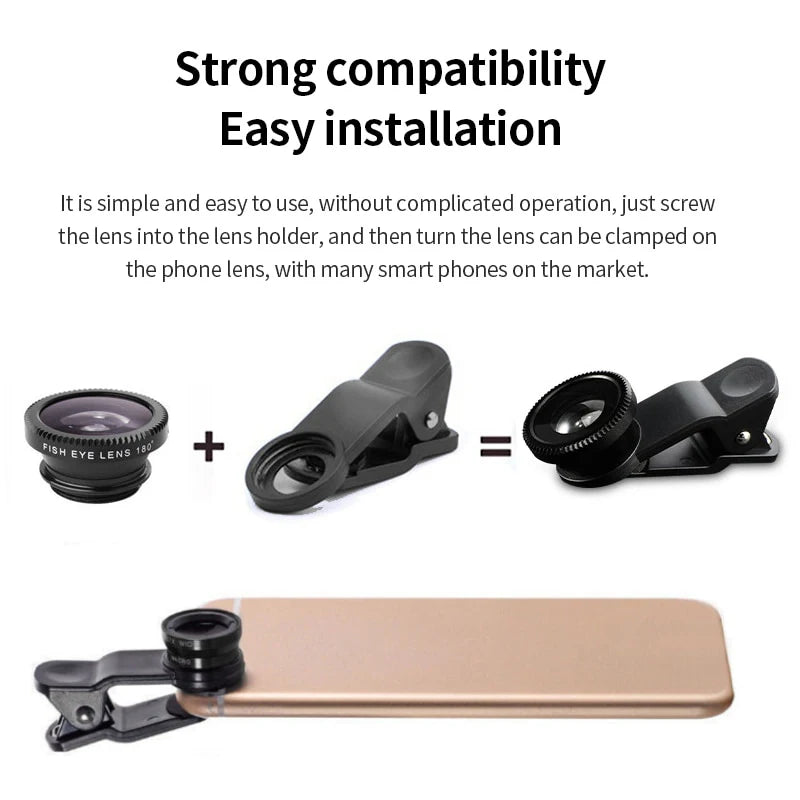 3-in-1 Fisheye, Wide-Angle & Macro Lens for iPhone, Xiaomi, Samsung – Clip-On Smartphone Camera Lens