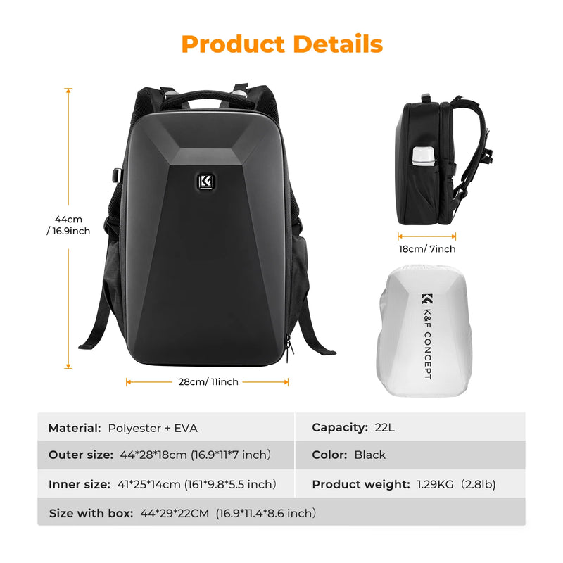 K&F Concept 22L Camera Backpack – Hard-Shell Bag with Tripod Holder & 15.6" Laptop Compartment