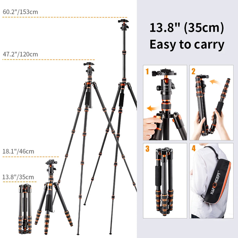 Carbon Fiber Camera Tripod for DSLR - Lightweight Travel Tripod with with 360° Panorama Ball Head