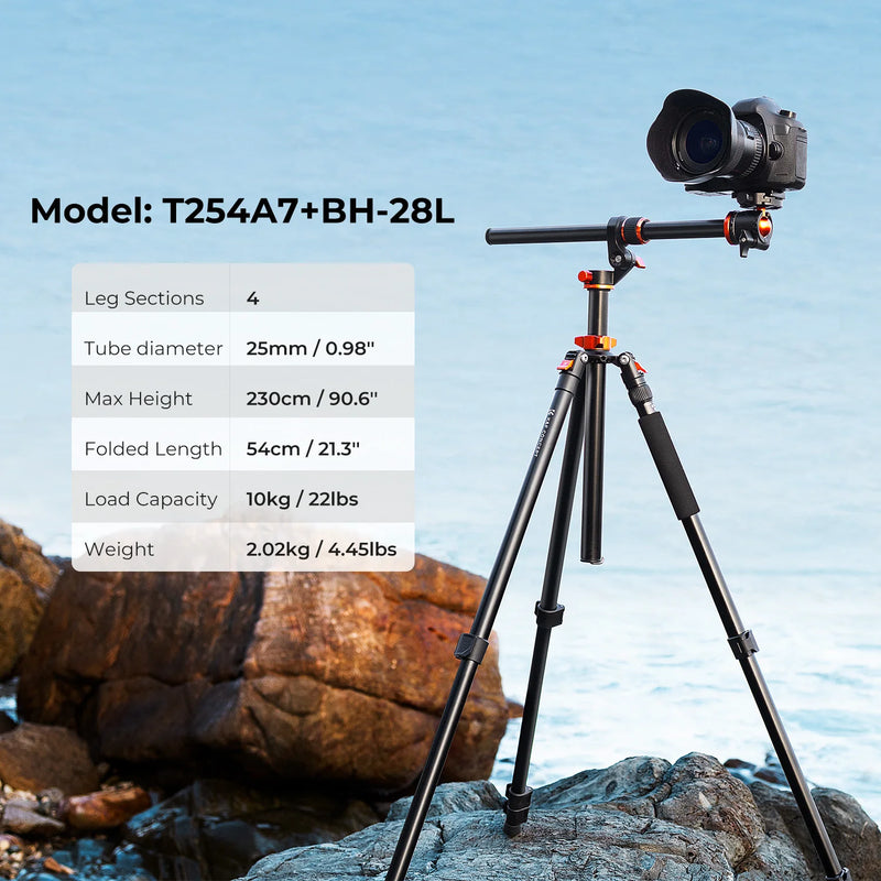 K&F Concept 90" Aluminum Camera Tripod – 2.3m Travel Tripod with Reversible Center & Monopod