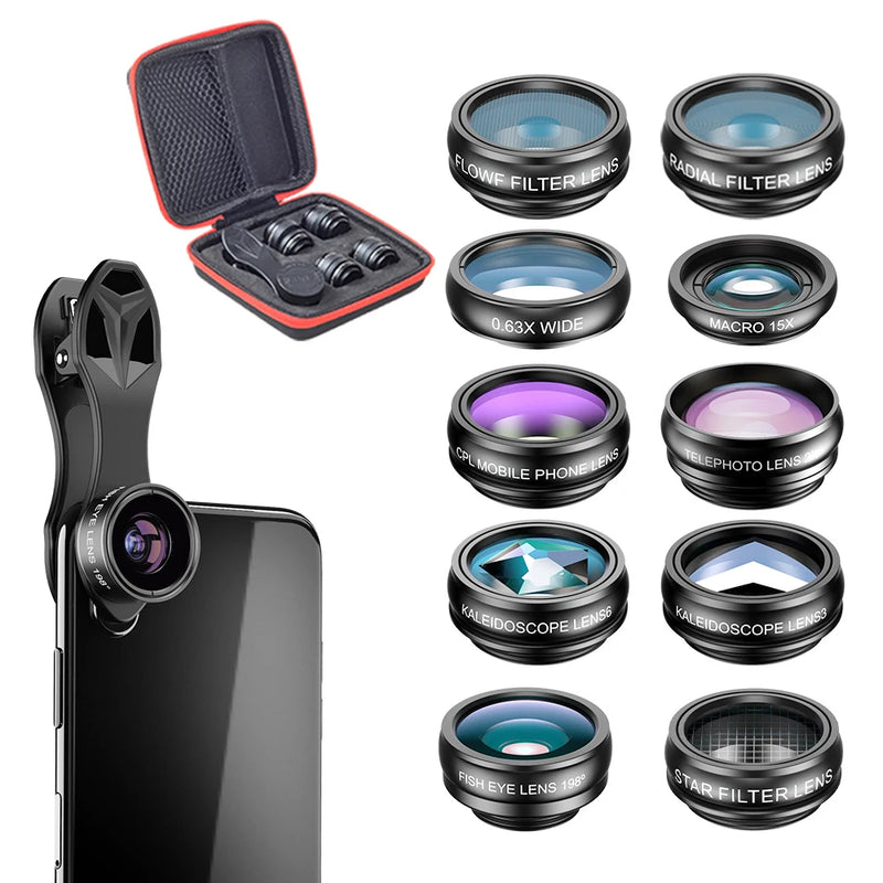 APEXEL 10-in-1 Universal Phone Lens – Fisheye, Wide Angle, Macro, CPL Filter, Kaleidoscope & 2X Zoom