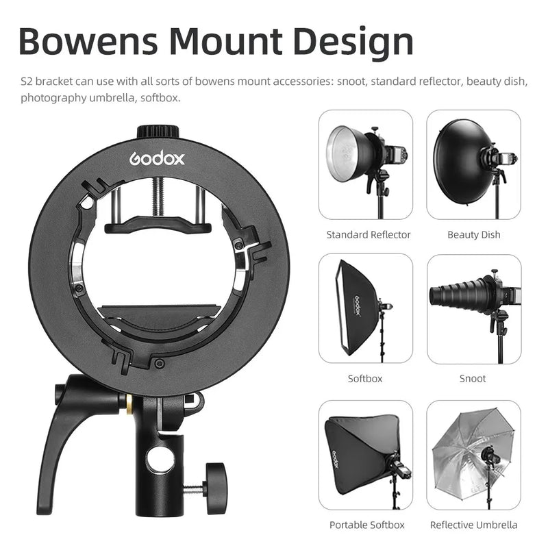 GODOX S2 Bowens Mount Flash Bracket Holder for Godox V1, V860II, AD200, AD400PRO, Speedlite Flash