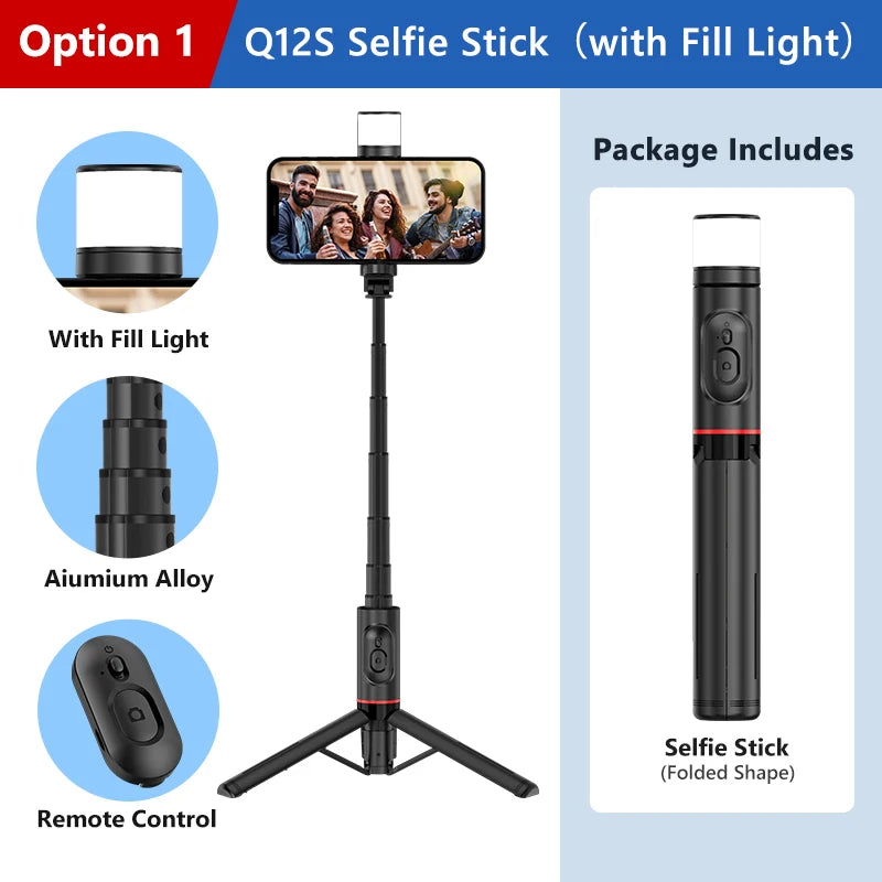 KEELEAD Q12S Wireless Bluetooth Selfie Stick Tripod with Fill Light for iPhone, Android, Huawei