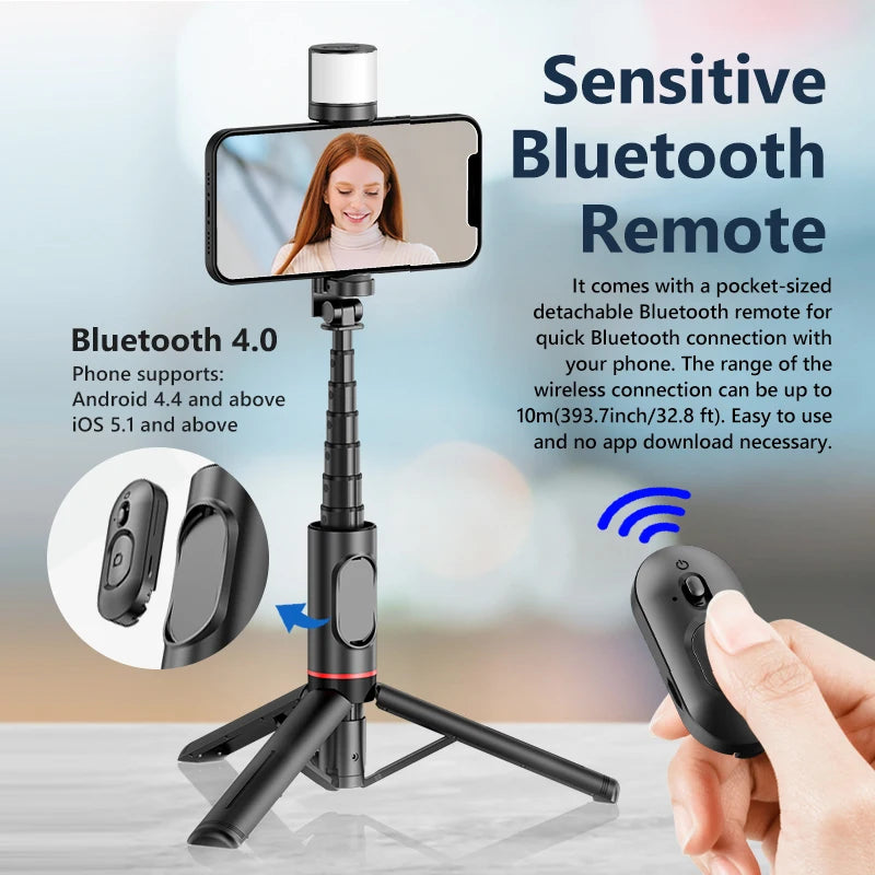 KEELEAD Q12S Wireless Bluetooth Selfie Stick Tripod with Fill Light for iPhone, Android, Huawei