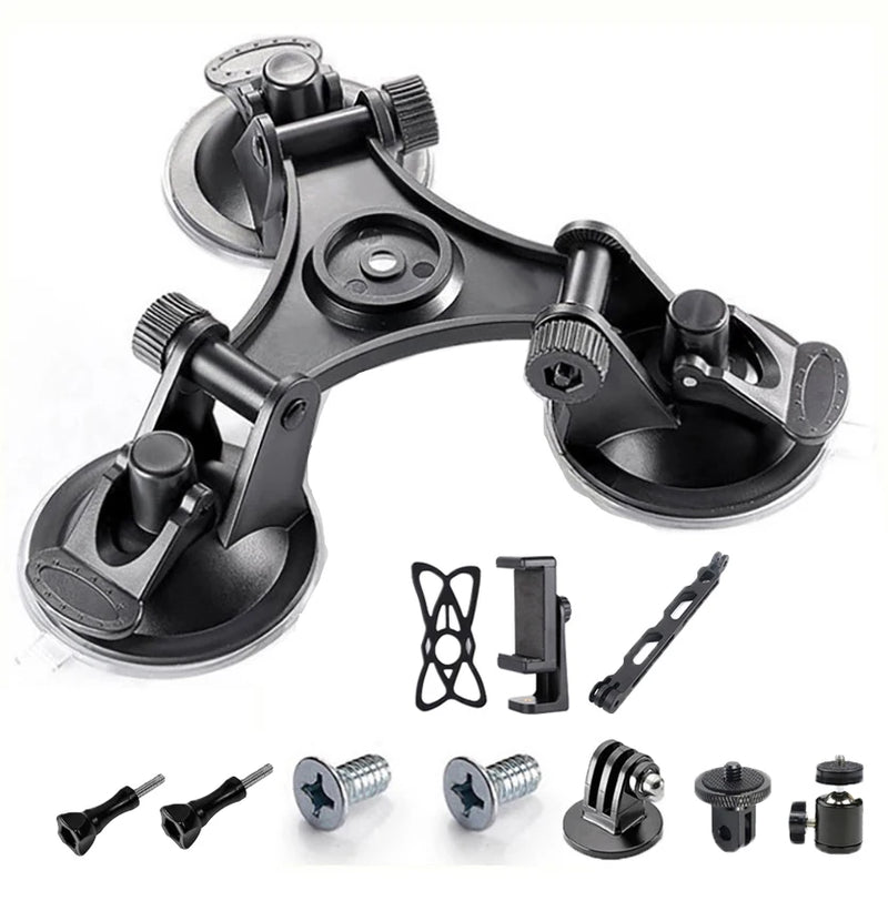 Triple Suction Cup Mount for DJI Osmo Action 4 3, GoPro 13-7, Insta360 X4 X3 X2 – 1/4" Adapter