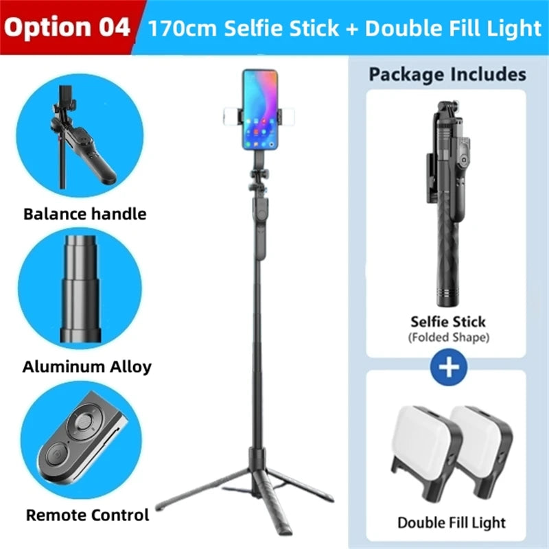 1750mm Bluetooth Selfie Stick Tripod with LED Light and Foldable Design for Smartphones Steady