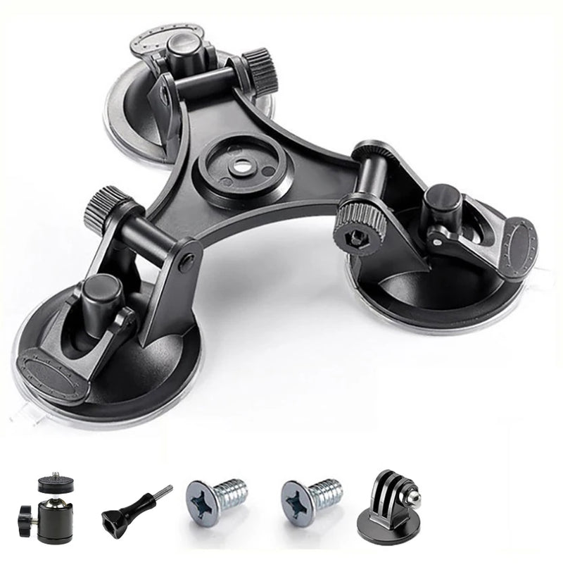 Triple Suction Cup Mount for DJI Osmo Action 4 3, GoPro 13-7, Insta360 X4 X3 X2 – 1/4" Adapter