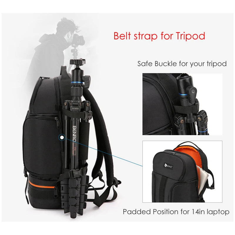 Lightpro Waterproof Camera Backpack – Fits DSLR, 15.6” Laptop, 3 Lenses, 2 Tripods, with Rain Cover