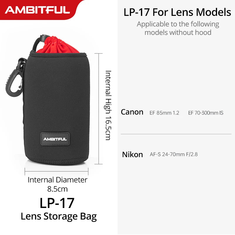 AMBITFUL Camera Lens Bag – Drawstring Protective Case with Hook,for Canon, Sony, Nikon DSLR Lenses