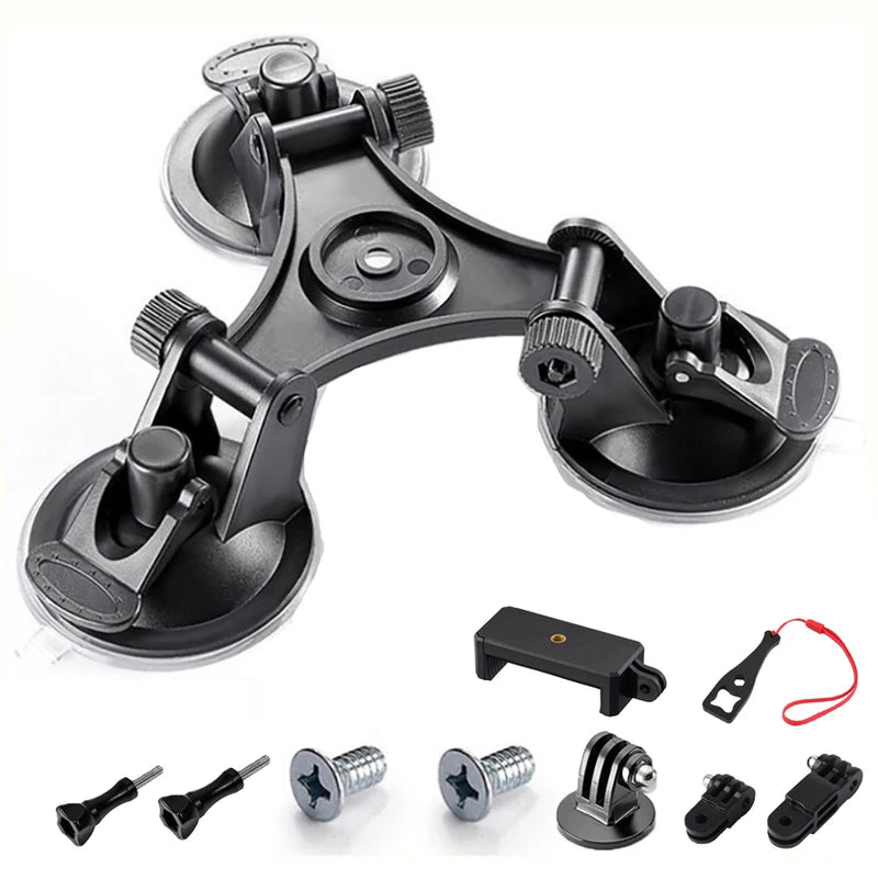 Triple Suction Cup Mount for DJI Osmo Action 4 3, GoPro 13-7, Insta360 X4 X3 X2 – 1/4" Adapter